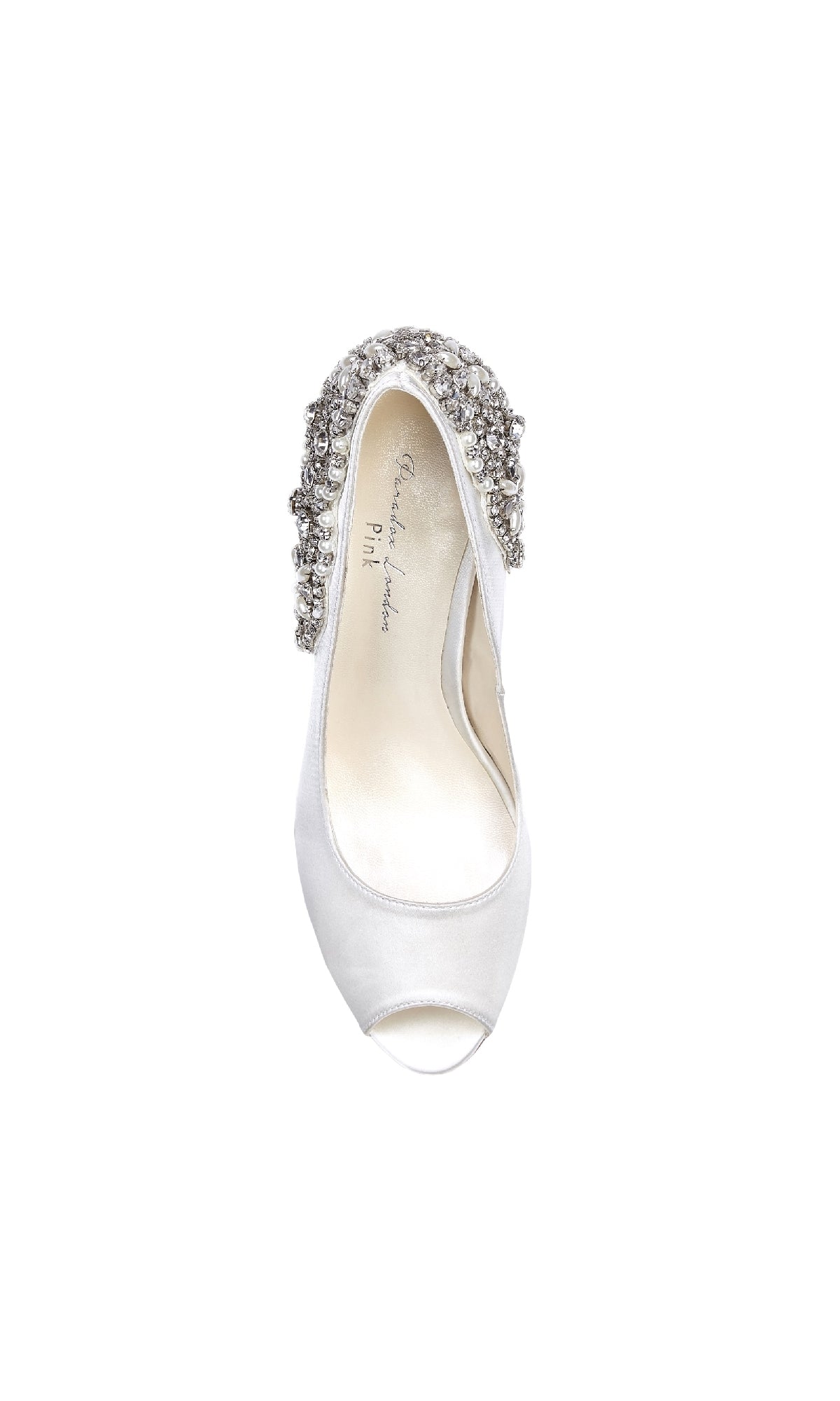 The Cynthia Ivory Prom Shoes: Paradox London P1809 are white satin peep-toe stilettos with silver jeweled heel embellishments, shown from above on a white background.